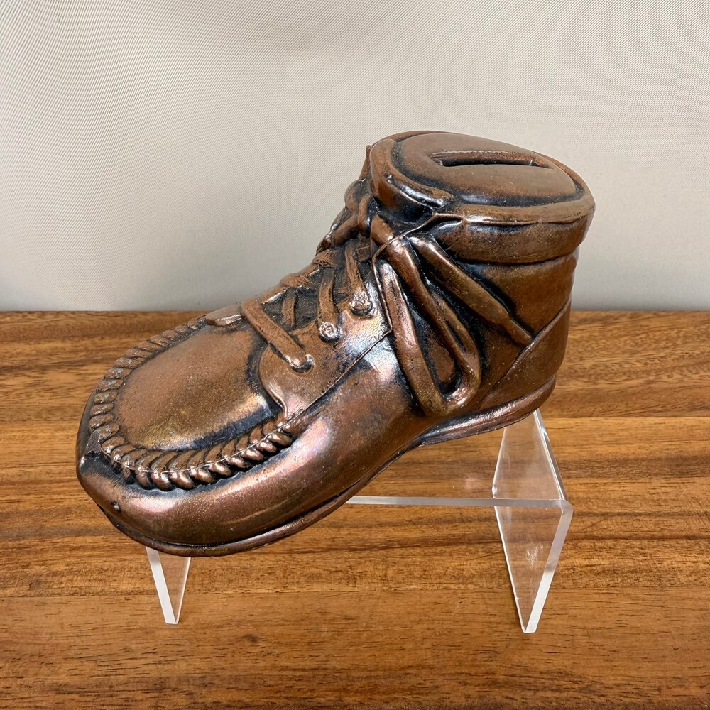 Vintage Copper-Toned Baby Shoe Coin Bank Boot Metal